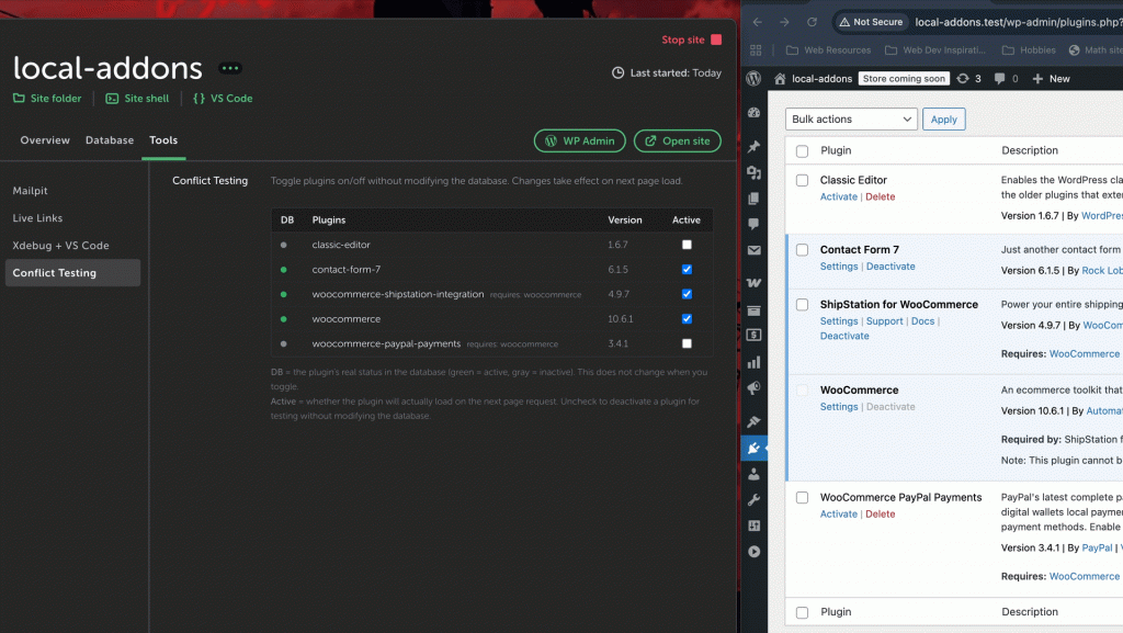 Plugin conflict testing tool to activate and deactivate without modifying the database.
