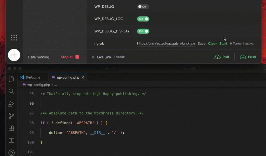Control to quickly activate Ngrok tunnels in Local by Flywheel.
