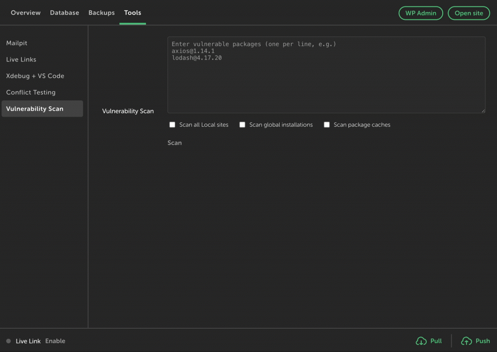 Tool to locate vulnerable packages in Local by Flywheel.
